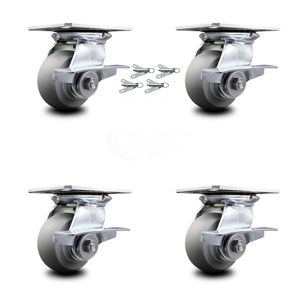4 Inch Thermoplastic Caster Set with Ball Bearings and Brakes/Swivel Locks SCC
